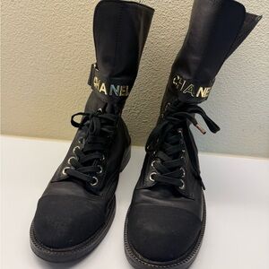 CHANEL Black Leather Women's  Lace-Up Boots